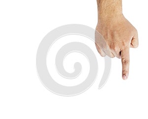 Man`s hand pointing down on white background.Isolated