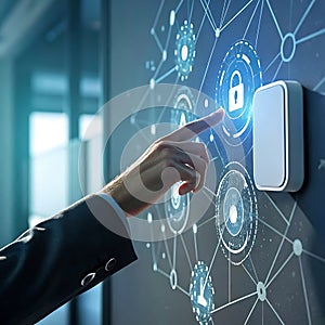 Man's hand pressing a touch screen button with glowing padlock, activating complex system interface for secure access