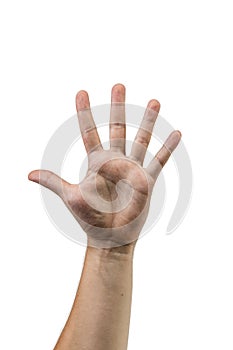 A man's hand raised up shows the number five