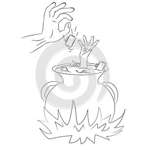 A man`s hand reaches out of the pot, on fire, doodle.