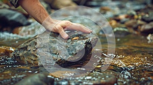 A man& x27;s hand on a rock in shallow water, AI