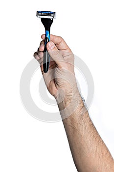 Man`s hand with a shaver isolated white backgroun, preparing for shaving
