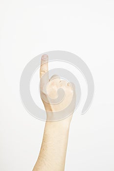Man`s hand show sign one isolated on white background