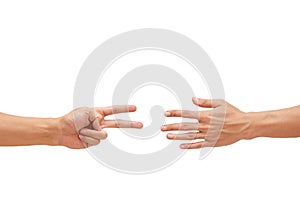 Man`s hand showing a game Rock-paper-scissors