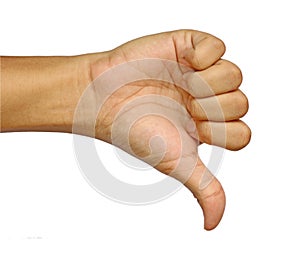 A man's hand signalling a thumbs down fist isolated on a white background