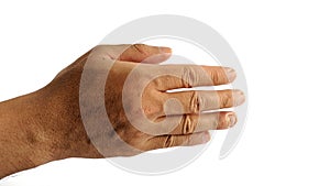 A man`s hand with a symbol on white background, male hand`s shows hand shake gesture