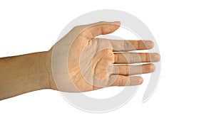 A man`s hand with a symbol on white background, male hand`s shows hand shake gesture