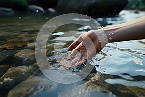 A man\'s hand touches seawater