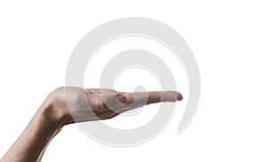 A man`s hand is turned up with a palm upwards