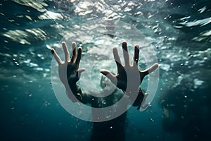 A man\'s hand under water. The hand of a drowning man in the water.