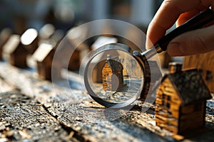 Man\'s hand using magnifier symbol to research property data on photo