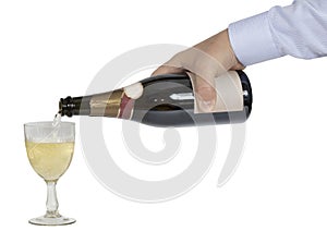 Man's hand (waiter) is poured champagne in crystal glass