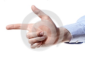 Man`s hand on white. Index finger forward.