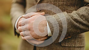 Man& x27;s hands clasped together showing wedding ring and tweed jacket.