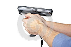 Man`s hands holding a barcode scanner.