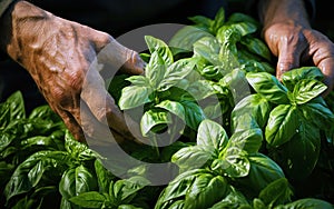 Man\'s hands holding fresh herbs with bright green leaves. Fresh basil. Generative AI