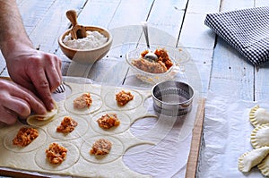 Man's hands making dumplings