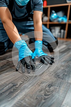 Man s hands meticulously installing laminate flooring for home improvement project