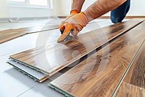 Man s hands meticulously installing laminate flooring for precise home improvement