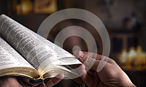 Man`s hands over the Bible, against the background of the living room