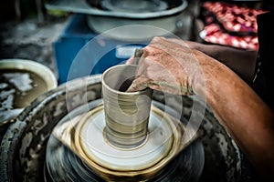 Man`s hands. Potter at work