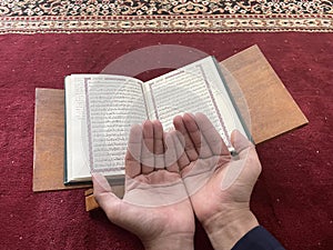 A man\'s hands praying against the background of the Koran and a red carpet