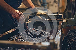 Man& x27;s hands pushing grapes into a grape crusher machine