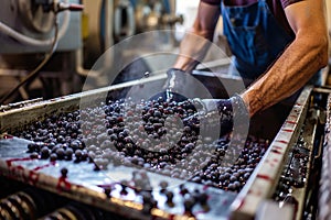 Man& x27;s hands pushing grapes into a grape crusher machine