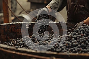 Man& x27;s hands pushing grapes into a grape crusher machine