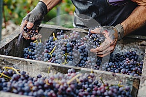 Man& x27;s hands pushing grapes into a grape crusher machine