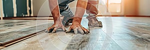 Man s hands skillfully installing laminate flooring in a home renovation project