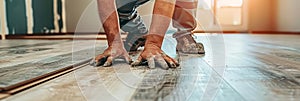 Man s hands skillfully installing laminate flooring in a home renovation project photo