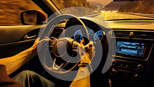 Man\'s hands tightly grip the steering wheel while traveling along a highway at dusk. Picture inside the car
