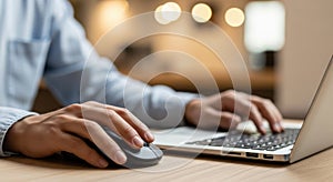 Man s hands typing on laptop keyboard and using computer mouse