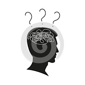 Man`s head with confused thoughts in his brain. Thinking person with questions. Male face silhouette with convoluted mind.