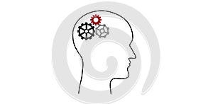 Man`s head with gears inside. Thoughts and brain work. Robot on a mission.