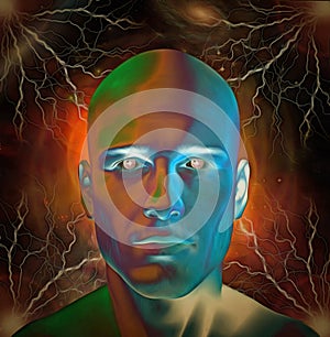 Man`s head with glowing eyes