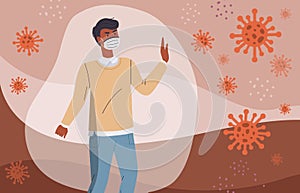Man`s immune system protect him from virus, black man in respiratory medical mask, spreading virus