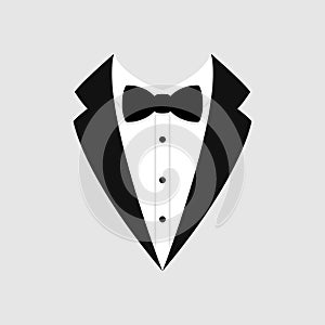 Man`s jacket. Tuxedo. Weddind suit with bow tie. Vector icon.