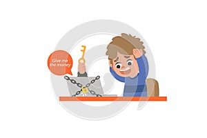 A man`s laptop was locked and demanded a ransom from an anonymous hacker. illustration vector cartoon character design on white