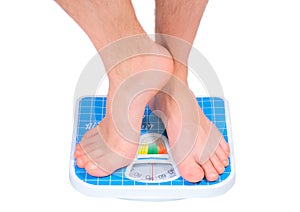 Man's legs ,weighed on floor scale.