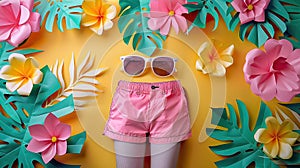 A man\'s mannequin with pink shorts and sunglasses on a floral background. Hello summer! Hello spring