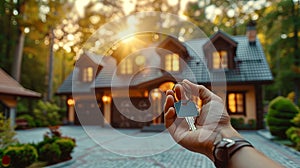 A man& x27;s palm inside which is a key to the house, in the background a modern cottage in the rays of the setting sun