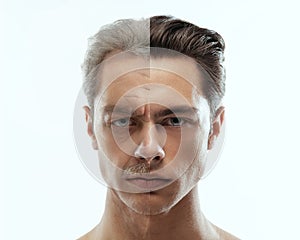 Man& x27;s portrait in comparison youth and maturity, old age. Skin aging process, wrinkles. Plastic surgery, beauty