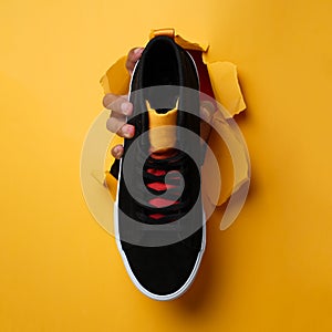 The man`s right hand holding a pair of shoes through the yellow paper background.