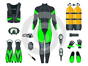 Man`s Scuba gear and accessories. Equipment for diving. IDiver wetsuit, scuba mask, snorkel, fins, regulator dive icons