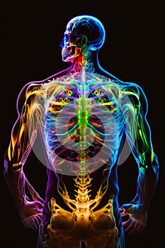 Man's skeleton is highlighted in colorful light - up image of the human body. Generative AI