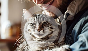 Man\'s smiling expresses joy, contentment as he bonds with pet companion.