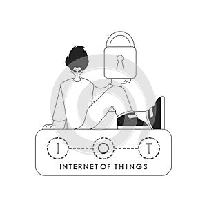 Man safeguarding an internet of things door lock, vector art depicting data security