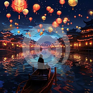 A man sailing a boat around Chinese temples decorated with lanterns at night. Chinese New Year celebrations